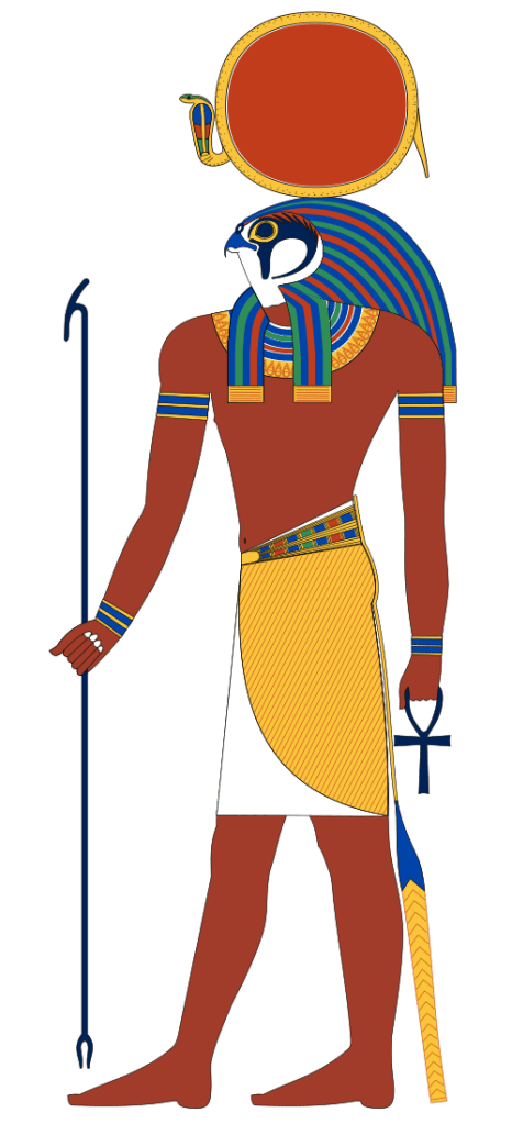 Ra-Horakhty one of the many forms of Ra, god of the Sun, has the head of a falcon and the sun disk inside the Uraeus resting on his head.